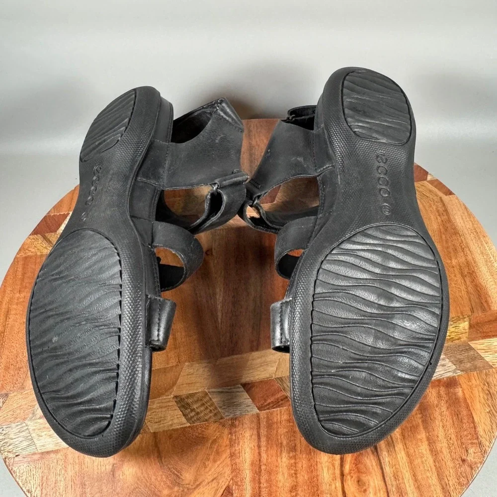 ECCO Simpil Black Leather Strappy Flat Sandals Women's EU 40 US 9-9.5